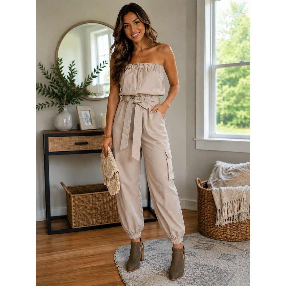 Sleeveless Cargo Belted 4 pocket Jumpsuit Casual Size L NWOT